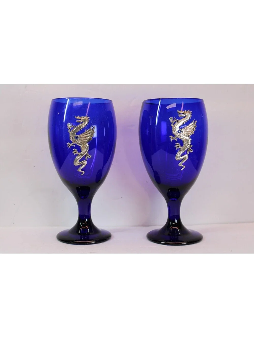 Vtg Cobalt Blue Glass Goblets w/Applied Pewter Dragon Jewels 12 oz. Set/2 NC